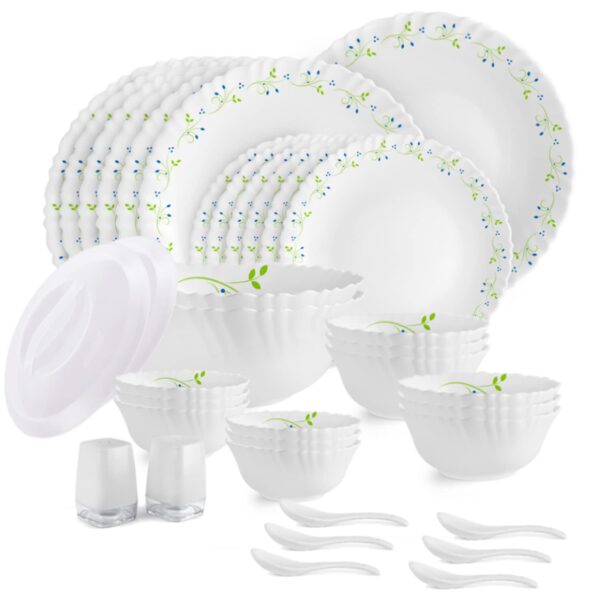 Cello Opalware Dazzle Series Tropical Lagoon Dinner Set, 37 Units | Opal Glass Dinner Set for 6 | Light-Weight, Daily Use Crockery Set for Dining | White Plate and Bowl Set