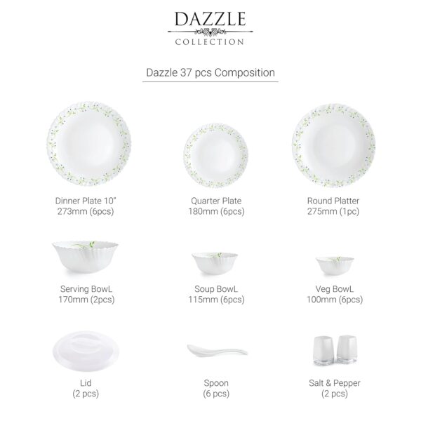 Cello Opalware Dazzle Series Tropical Lagoon Dinner Set, 37 Units | Opal Glass Dinner Set for 6 | Light-Weight, Daily Use Crockery Set for Dining | White Plate and Bowl Set - Image 3