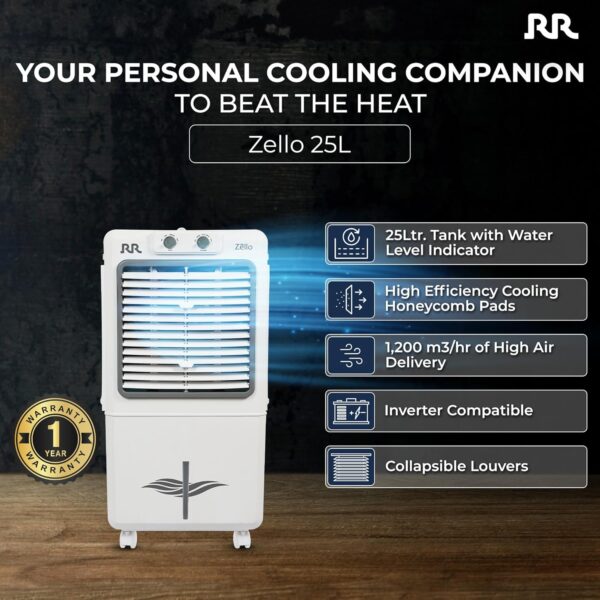 RR Zello 25 Ltr Personal Air Cooler | Cooler with High Air Delivery, Honeycomb Cooling Pads | Room Cooler with Inverter Compatibility| 1 year Warranty | 25L - Image 2