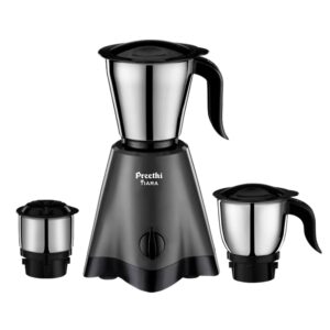 Preethi Tiara Mixer Grinder for Kitchen | 500 Watt Mixie | 3 Stainless Steel Jars (0.3L, 0.7L and 1.2L) | Grey & Black