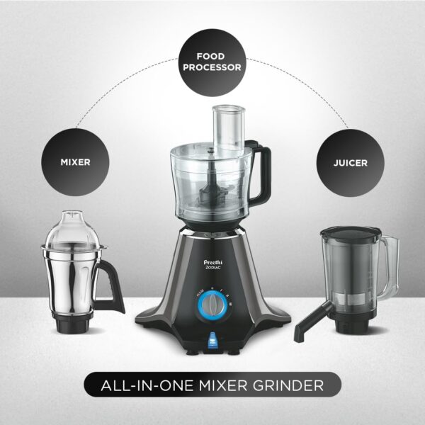 Preethi Zodiac MG-218 mixer grinder, 750 watt, Black/Light Grey, 5 jars - 3 In 1 insta fresh juicer Jar & Master chef food processor Jar, Vega W5 motor with 5yr Warranty & Lifelong Free Service - Image 4