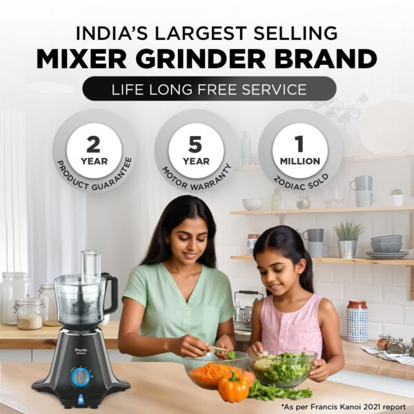 Preethi Zodiac MG-218 mixer grinder, 750 watt, Black/Light Grey, 5 jars - 3 In 1 insta fresh juicer Jar & Master chef food processor Jar, Vega W5 motor with 5yr Warranty & Lifelong Free Service - Image 2