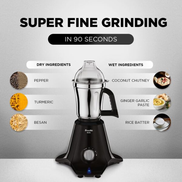 Preethi Boltz Mixer Grinder for Kitchen | 4 Jars 1000 Watts Mixie| 3 Stainless Steel Jar & 1 Blender Jar for Milkshake,Smoothie,Puree - Black (MG-288) - Image 4