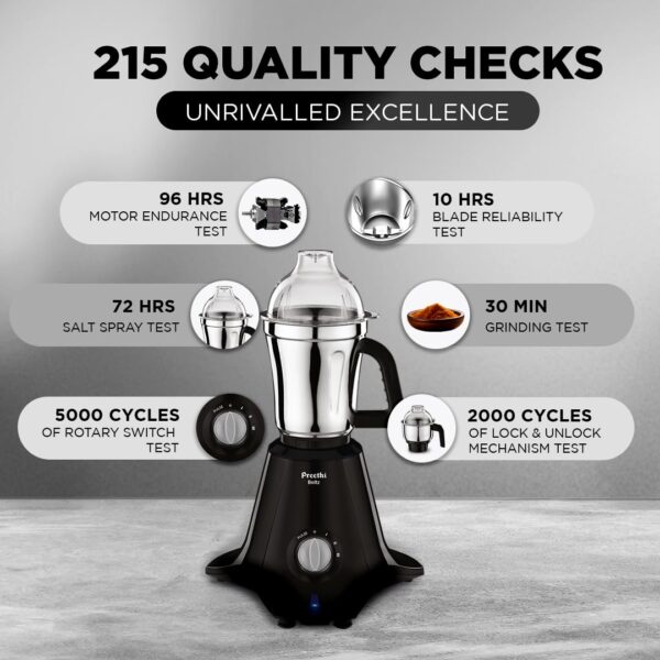 Preethi Boltz Mixer Grinder for Kitchen | 4 Jars 1000 Watts Mixie| 3 Stainless Steel Jar & 1 Blender Jar for Milkshake,Smoothie,Puree - Black (MG-288) - Image 5