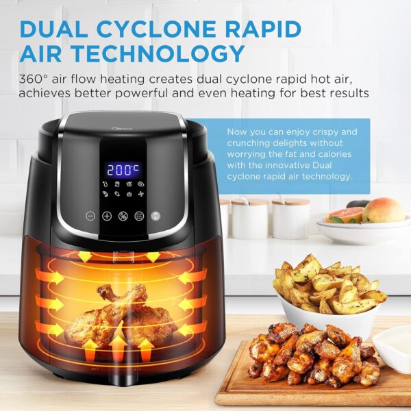 Midea 5L Air Fryer | 1500W Power | Digital display with 8 preset menu settings | Crisp Frying, Grill, Roast, Steam & Bake | Auto Cut-Off | 90% Less Oil | Non Stick Coating & Crisper Basket - Image 2
