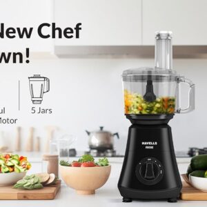 Havells Foodo 750 W 5 Jar Mixer Grinder|14 Different Functionalities |Food Processer Jar with Dual Pusher|Rust Resistant 304SS Cutters | Attachment Storage Box|5 Yr Motor Manufacturer Warranty (Black)